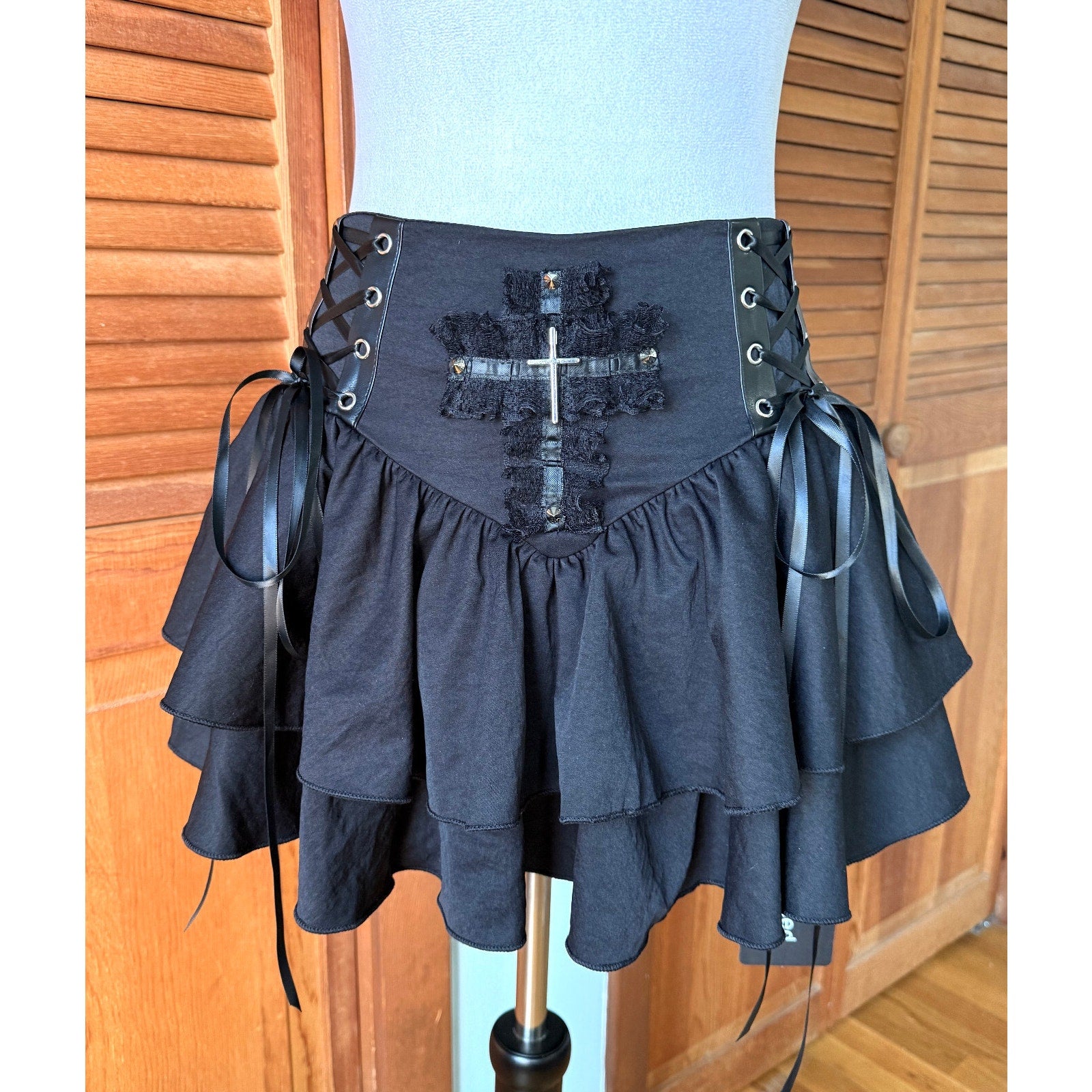 Punk Goth Lolita Harajuku Black Cross Lace-up Sides Ruffle Mini Skirt