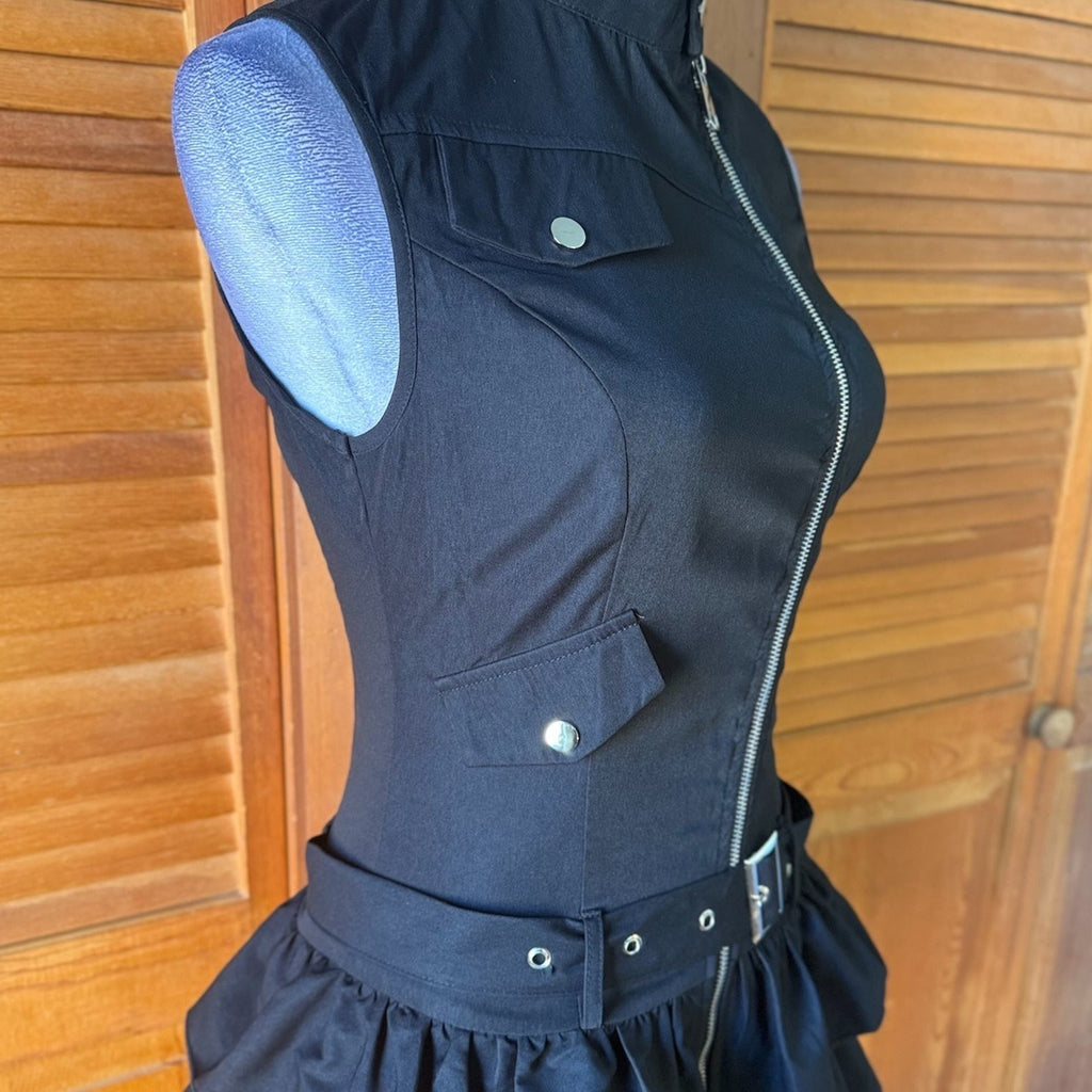 Punk Goth Lolita Cute x Military Black Zipper Halter Belted Mini Dress