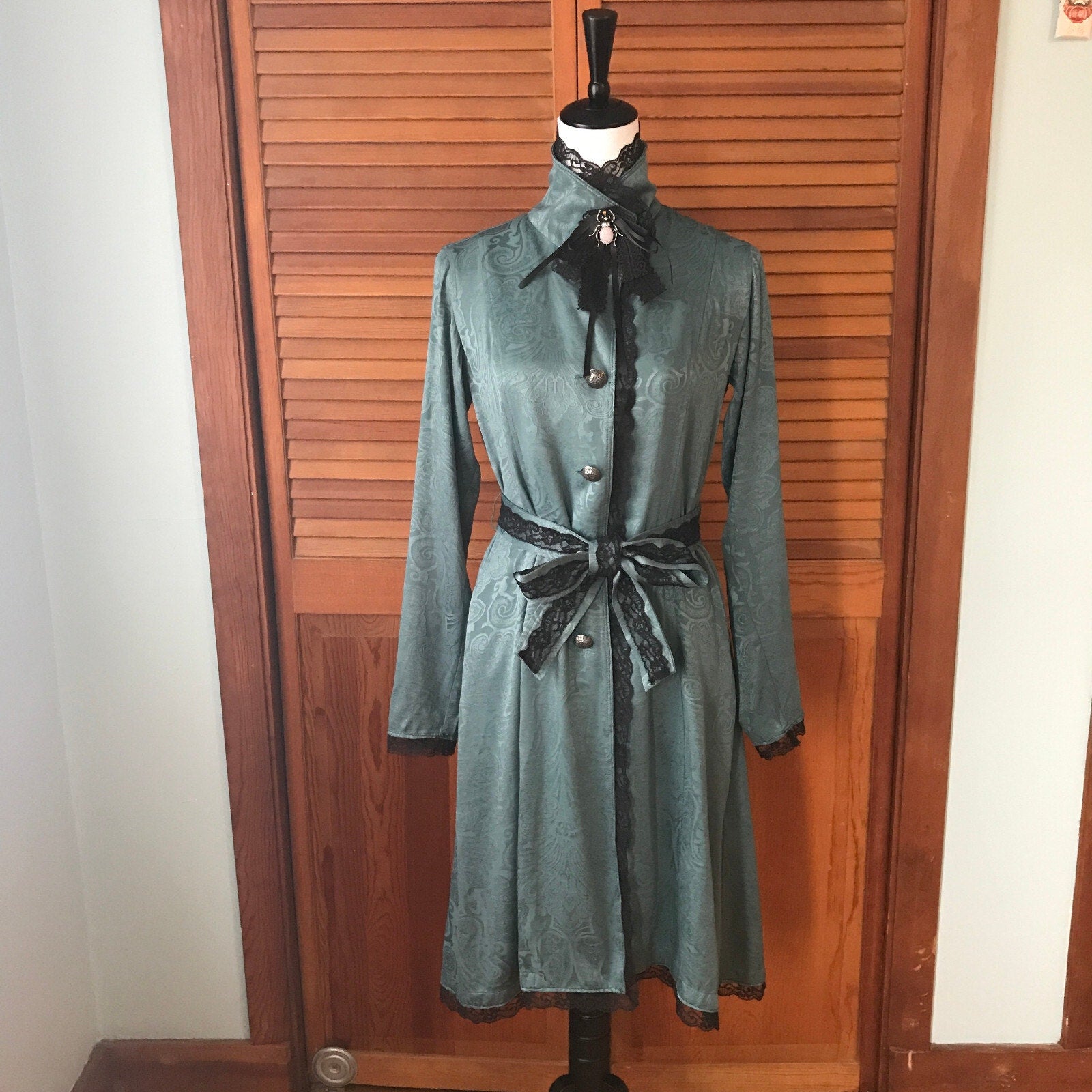 Gothic Lolita Victorian Green Jacquard Light Duster Jacket Dress w/ Bow XS