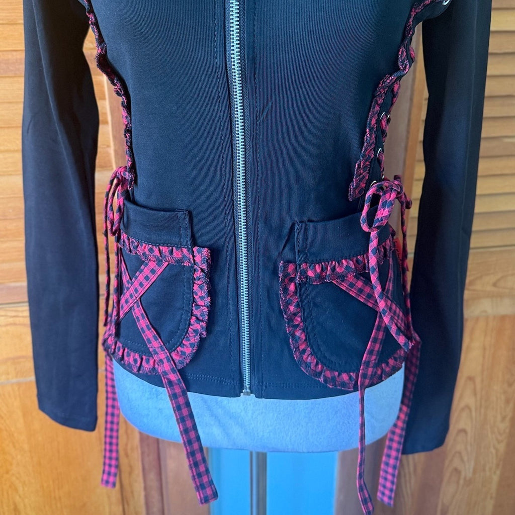 Tripp NYC Gothic Lolita Punk Black & Red Plaid Accents Lace-Up Sides Hoodie