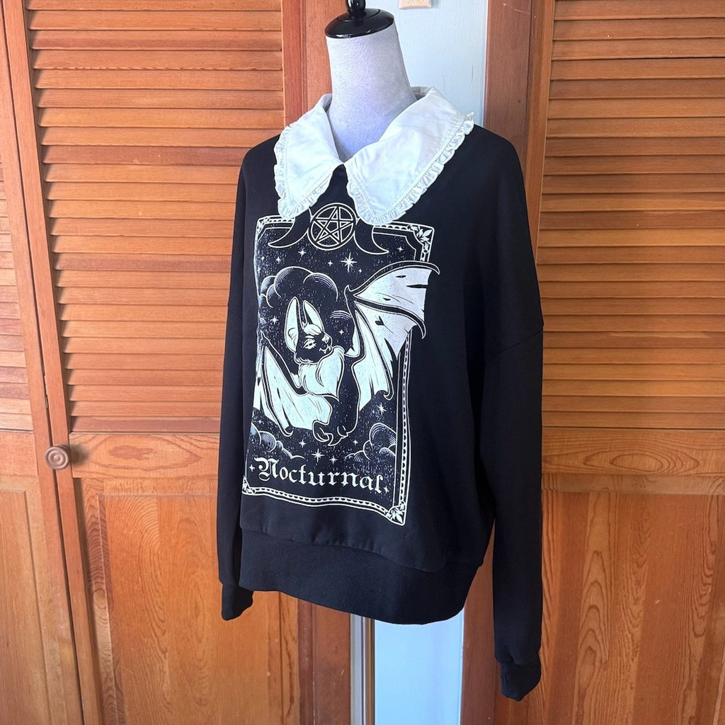 Dolls Kill Punk Goth Nocturnal Bat Tarot Black Sweatshirt w/ White Collar XS-M