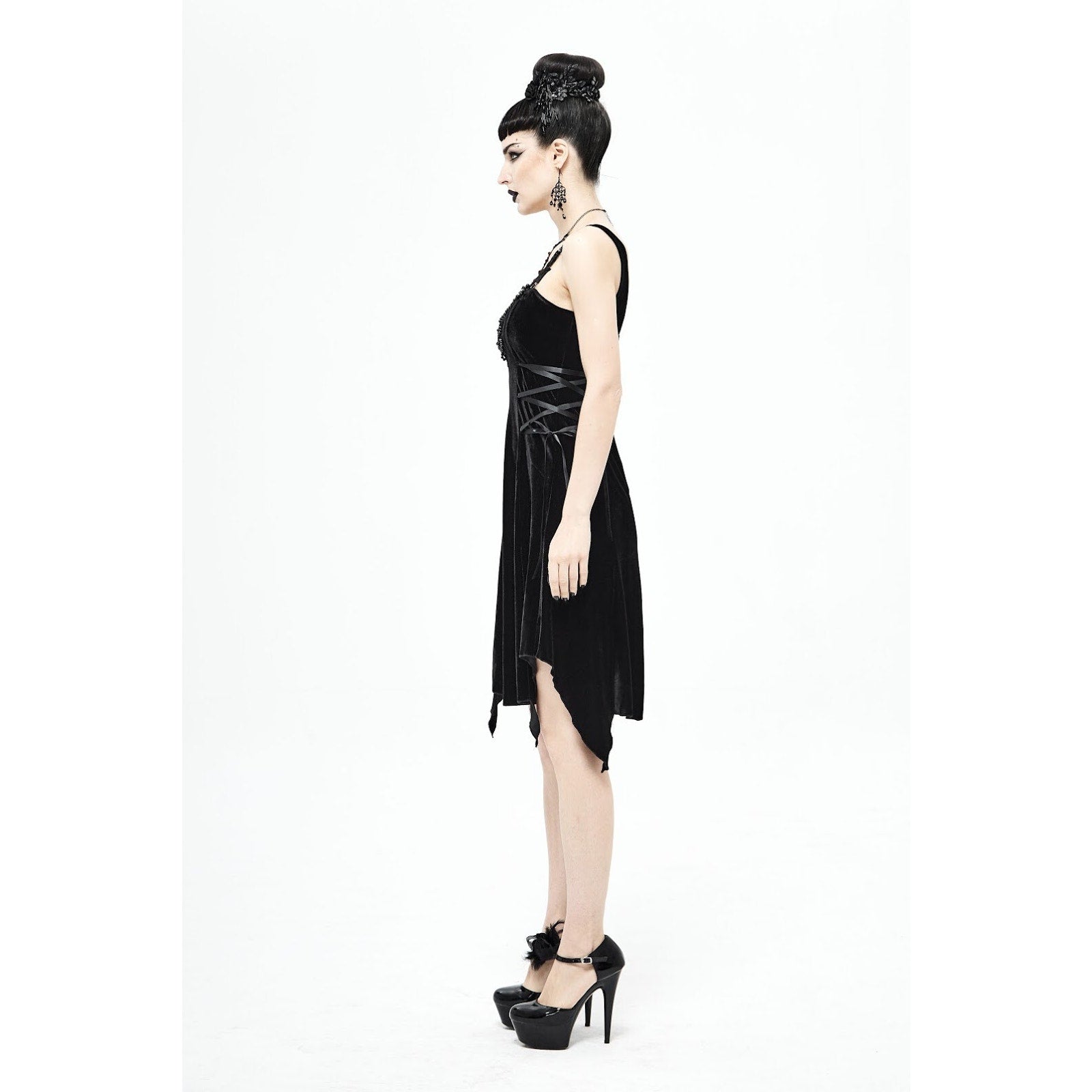 Devil Fashion Gothic Victorian Dark Fairy Beaded Lace-Up Sides Mini Dress