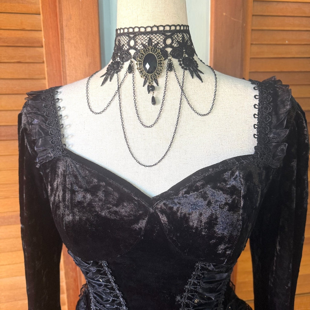 Dark In Love Gothic Victorian Dark Fairy Fare Black Velvet Lace Up Dress