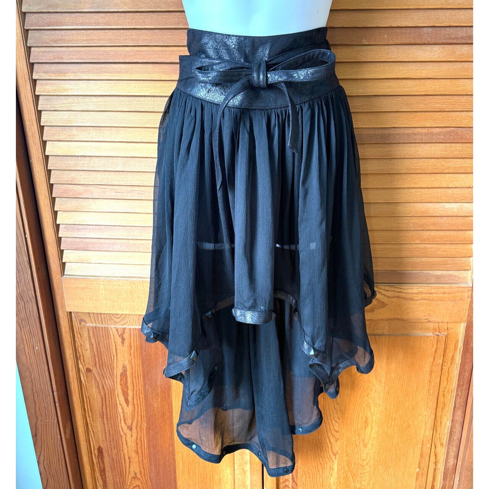 Punk Rave Gothic Victorian Steampunk Black Chiffon Faux Leather Skirt S-M