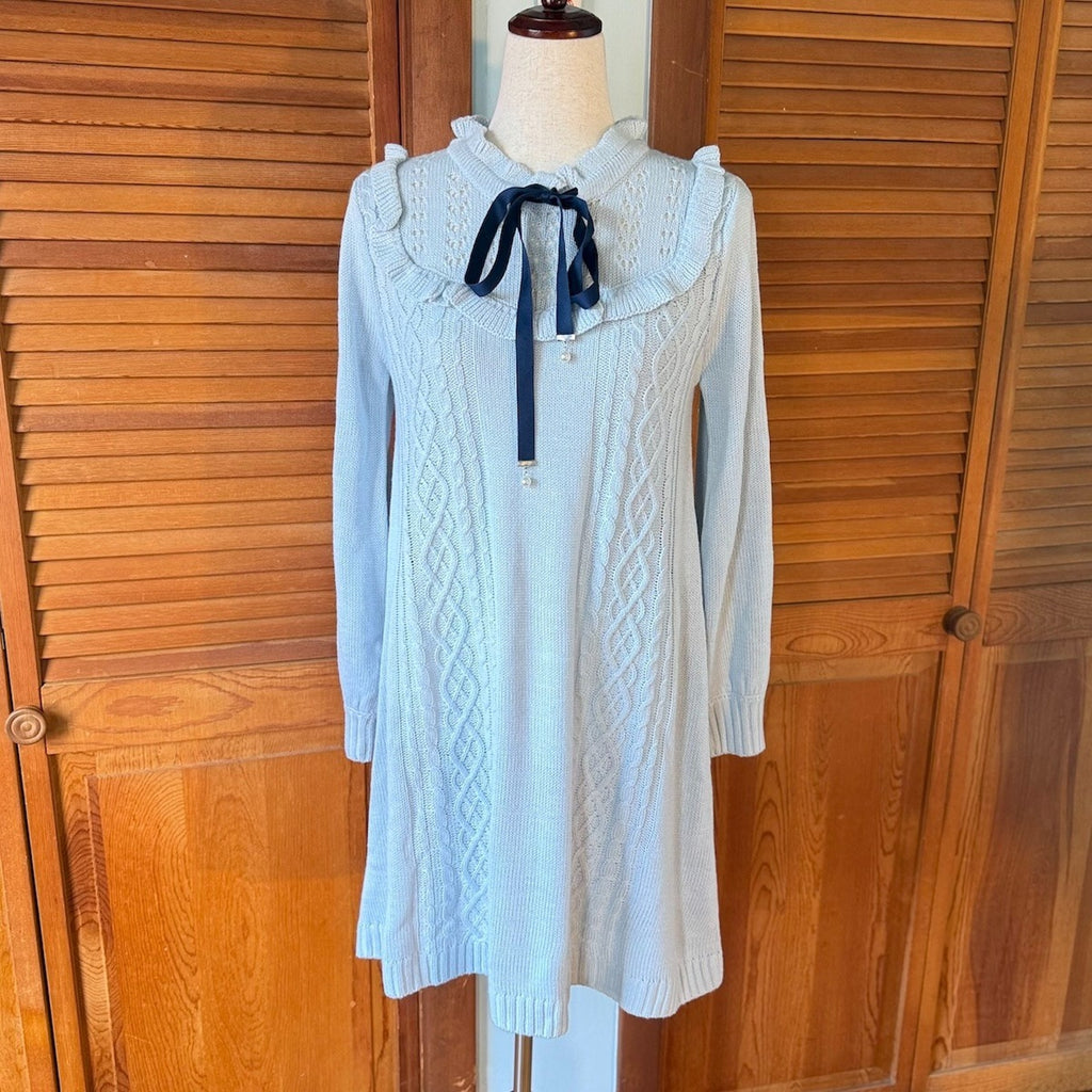 J-fashion Axes Femme Gyaru Kawaii Cottage Light Blue Sweater Dress w/ Bow M