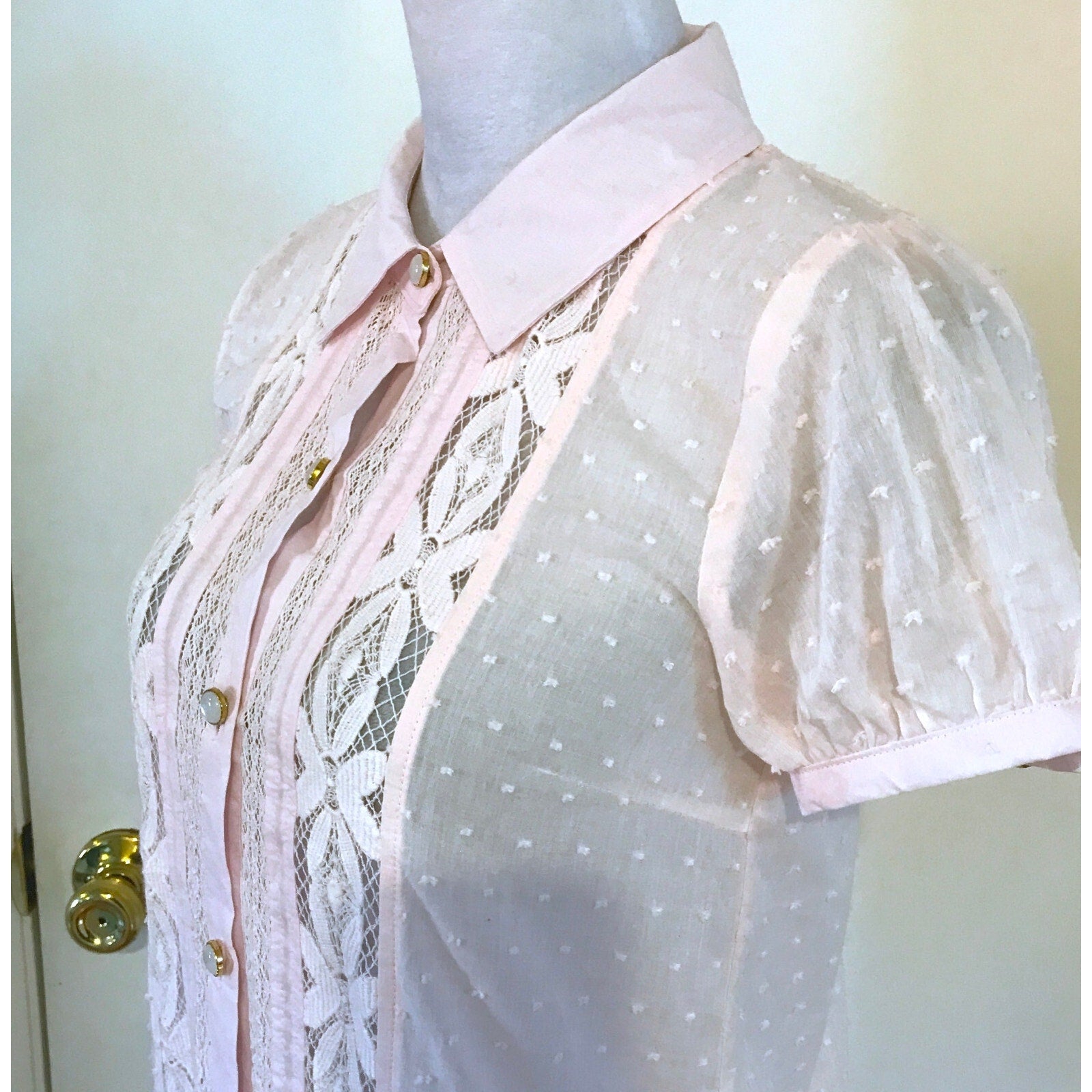 Whimsigoth Victorian Lolita Steampunk Pink Cotton Floral Lace Shirt S