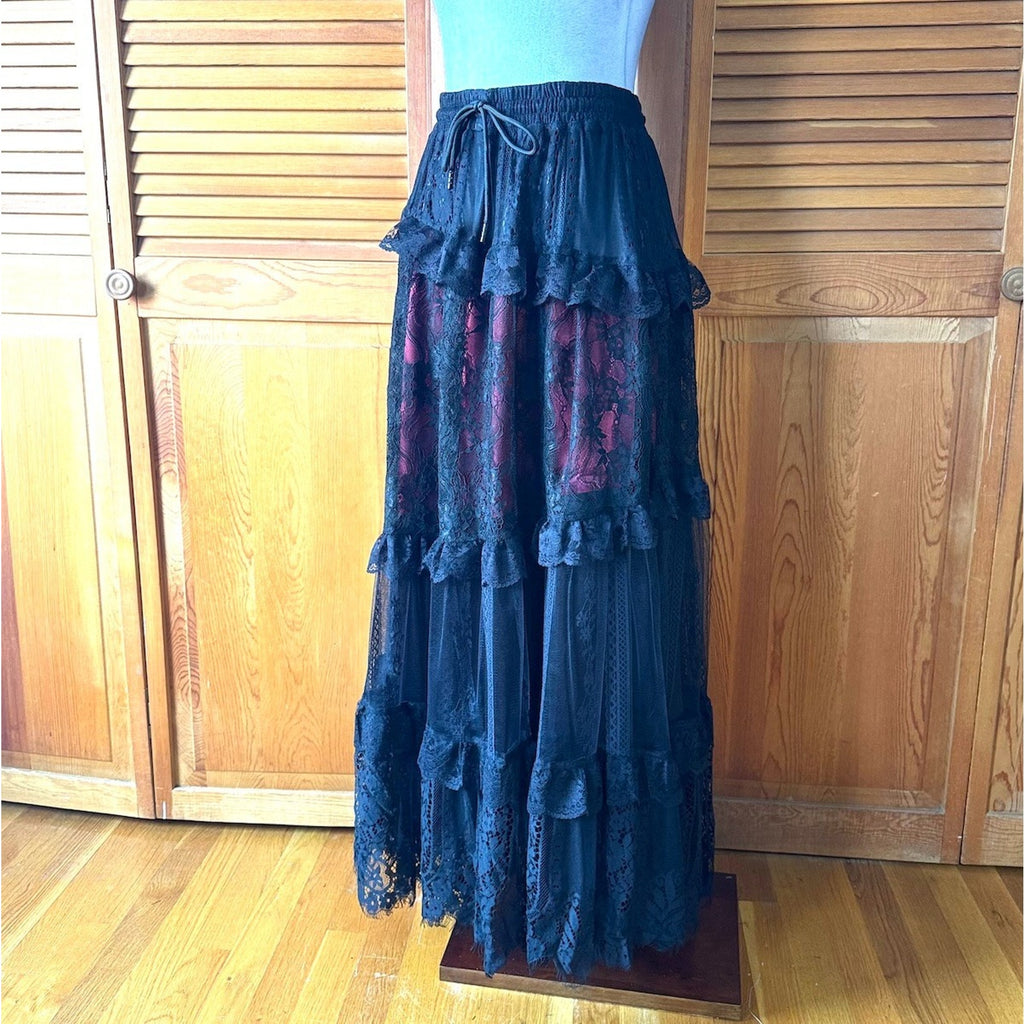 Dark in Love Gothic Victorian Vampire Visual kei Black & Red Lace Ruffle Skirt