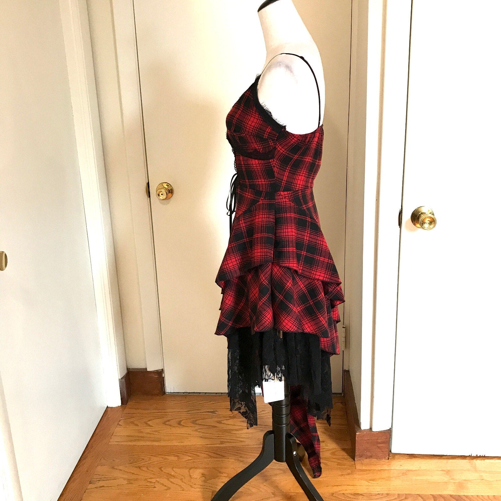 Punk Goth Visual Kei Red & Black Plaid Tartan Asymmetrical Hem Dress S