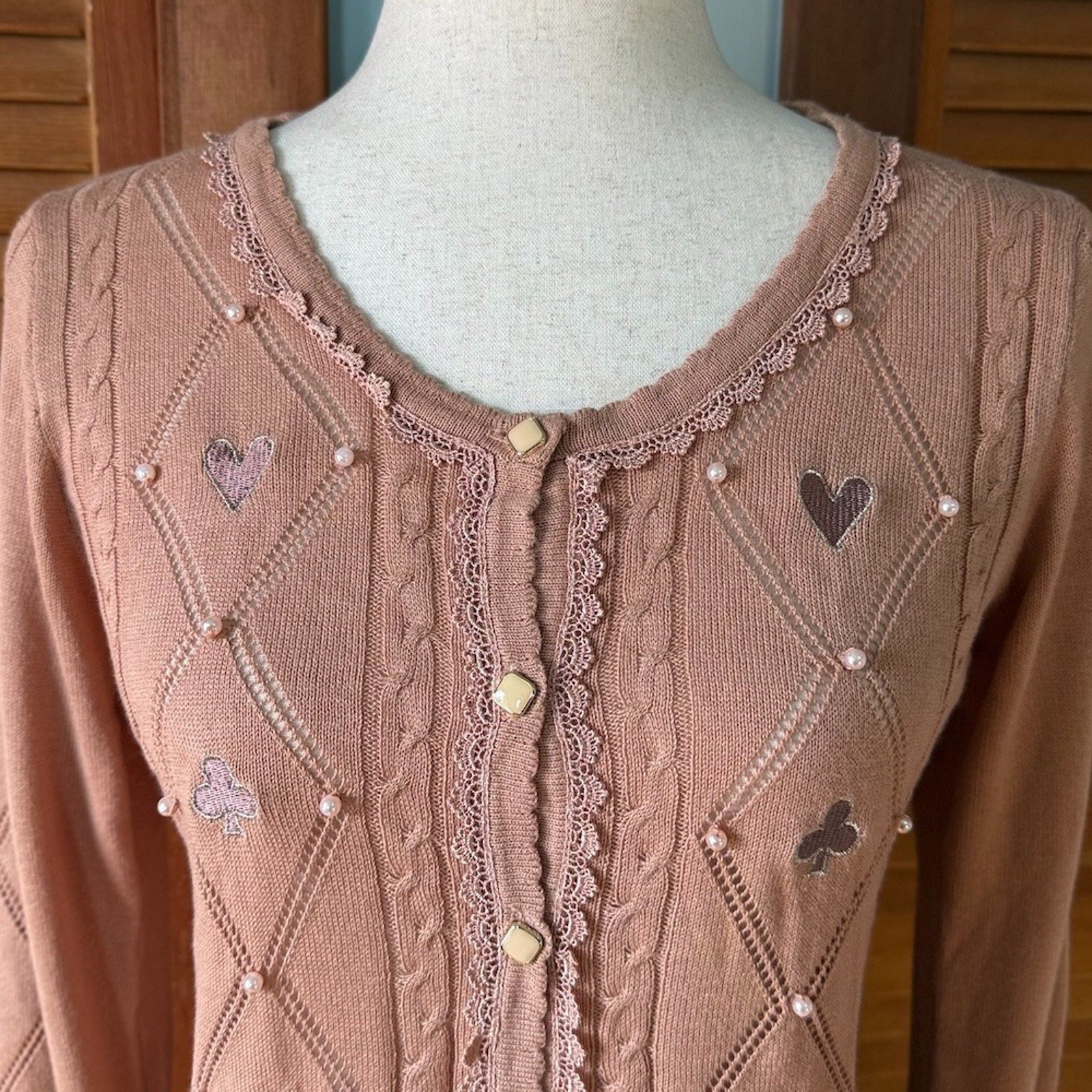 Axes Femme J-fashion Kawaii Dusty Pink Card Suits Pearls Cardigan Sweater M