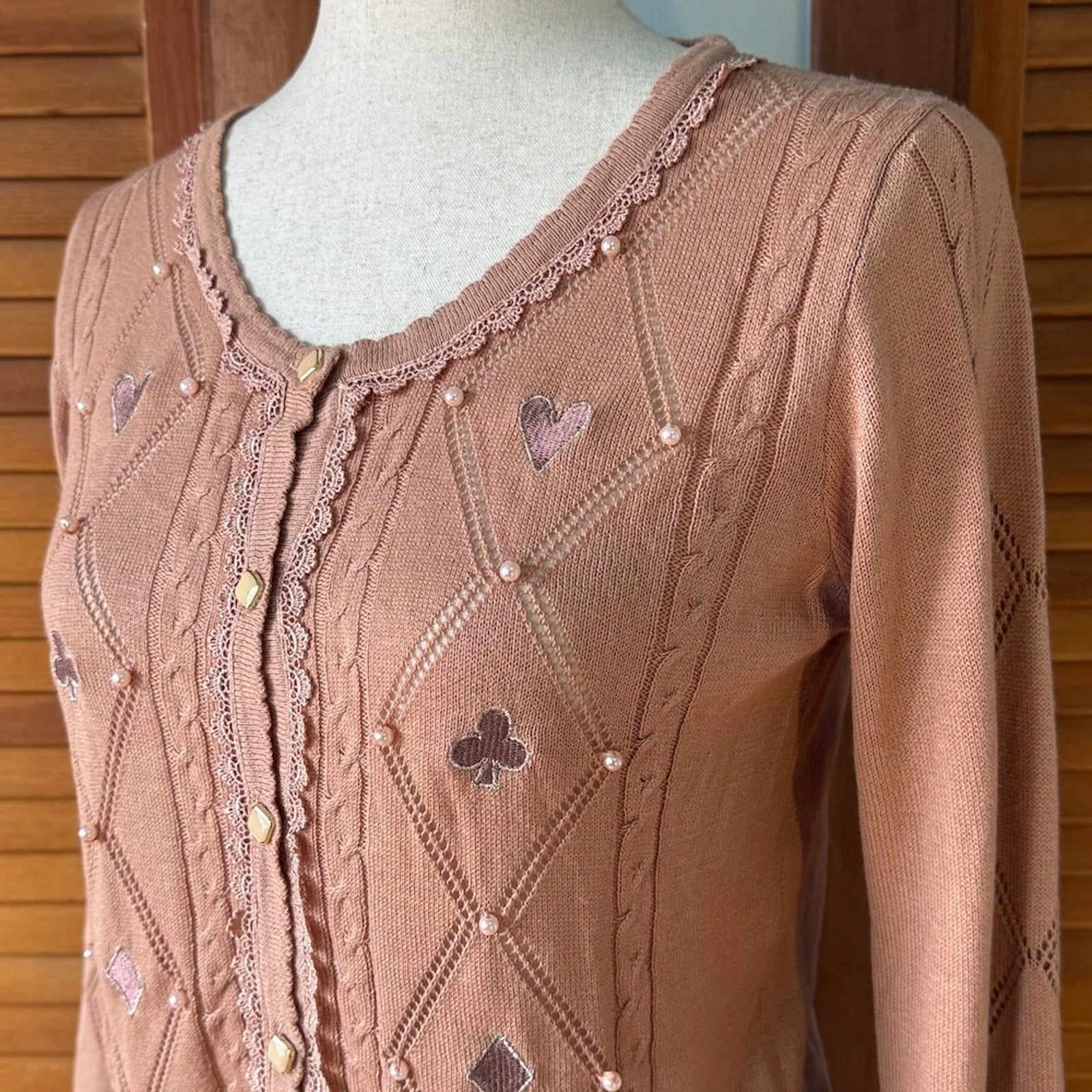 Axes Femme J-fashion Kawaii Dusty Pink Card Suits Pearls Cardigan Sweater M
