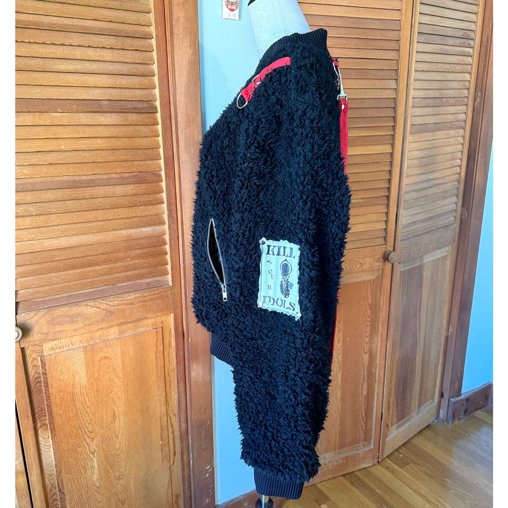 Vintage Lip Service Punk Goth Y2K Black Faux Fur Bondage Bomber Jacket L