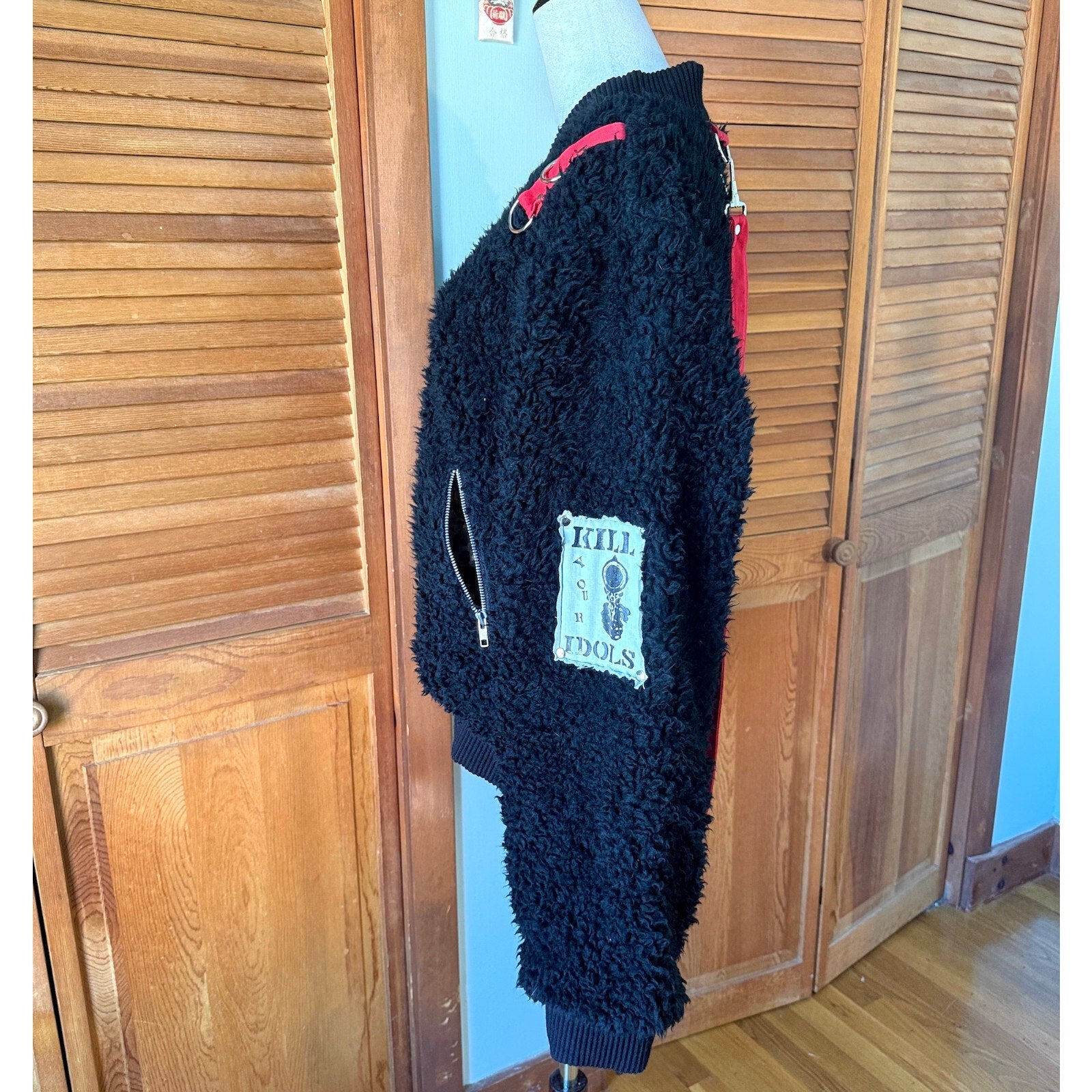 Vintage Lip Service Punk Goth Y2K Black Faux Fur Bondage Bomber Jacket L