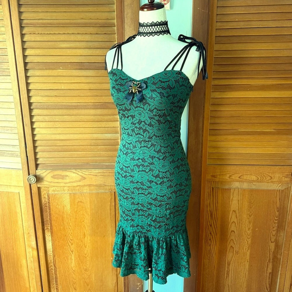 Voodoo Vixen Gothic Fairy Dark Fairycore Beetle Lover Green & Black Lace Dress S