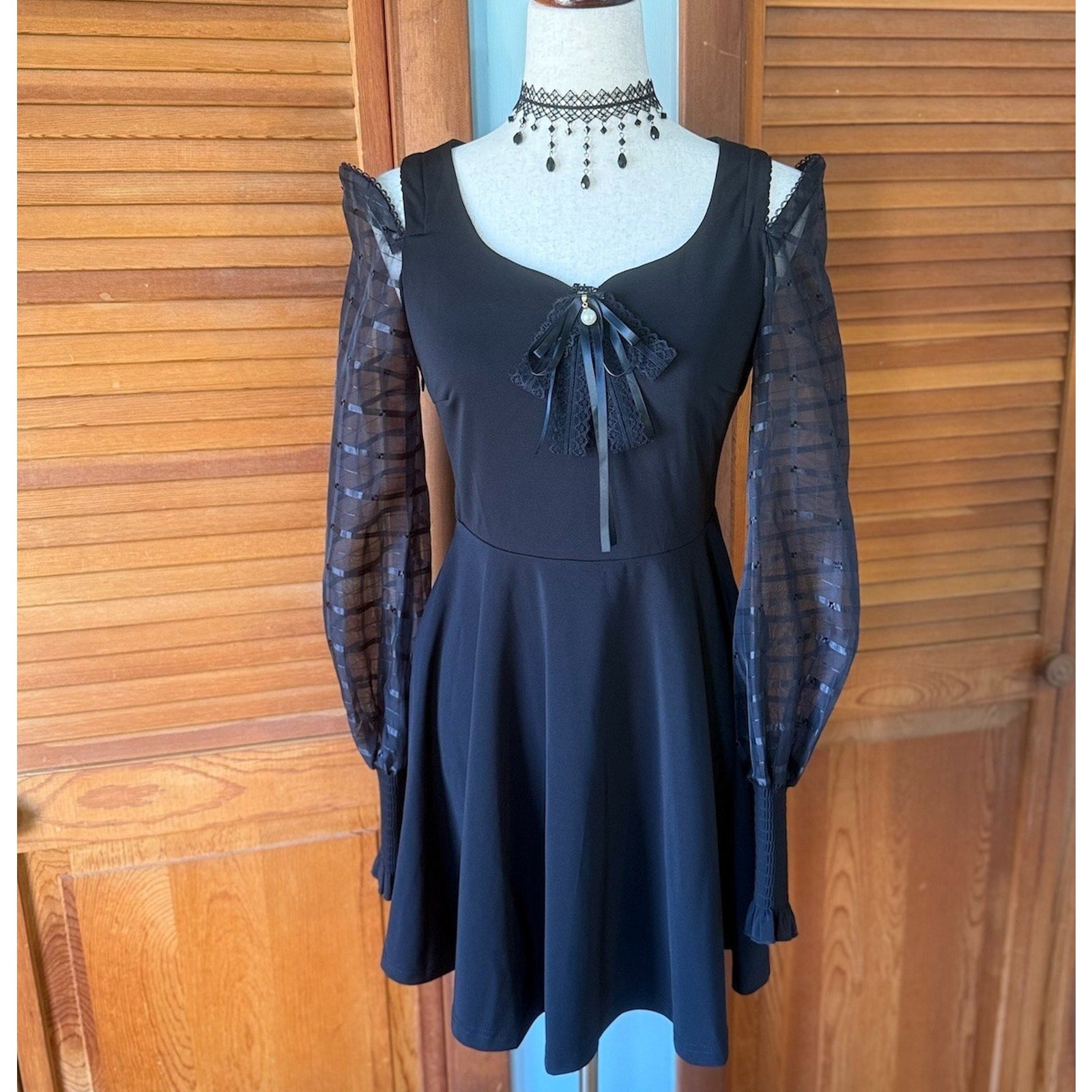 Punk Rave Gothic Lolita Dark Fairycore Black Transparent Sleeve Skater Dress M