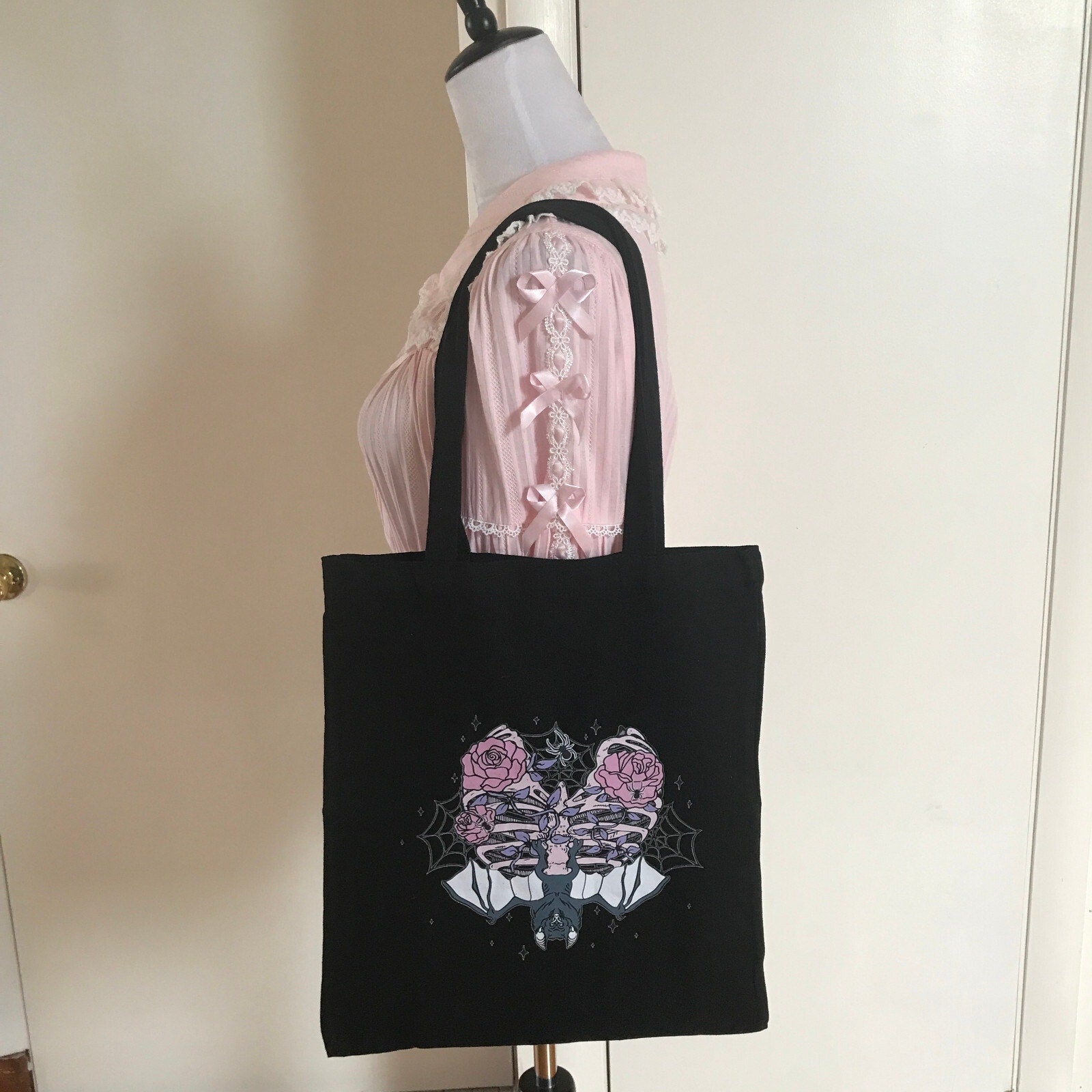 Gothic Lolita EGL Punk Pink & Black Rib Cage Roses & Bat Skelton Tote Bag