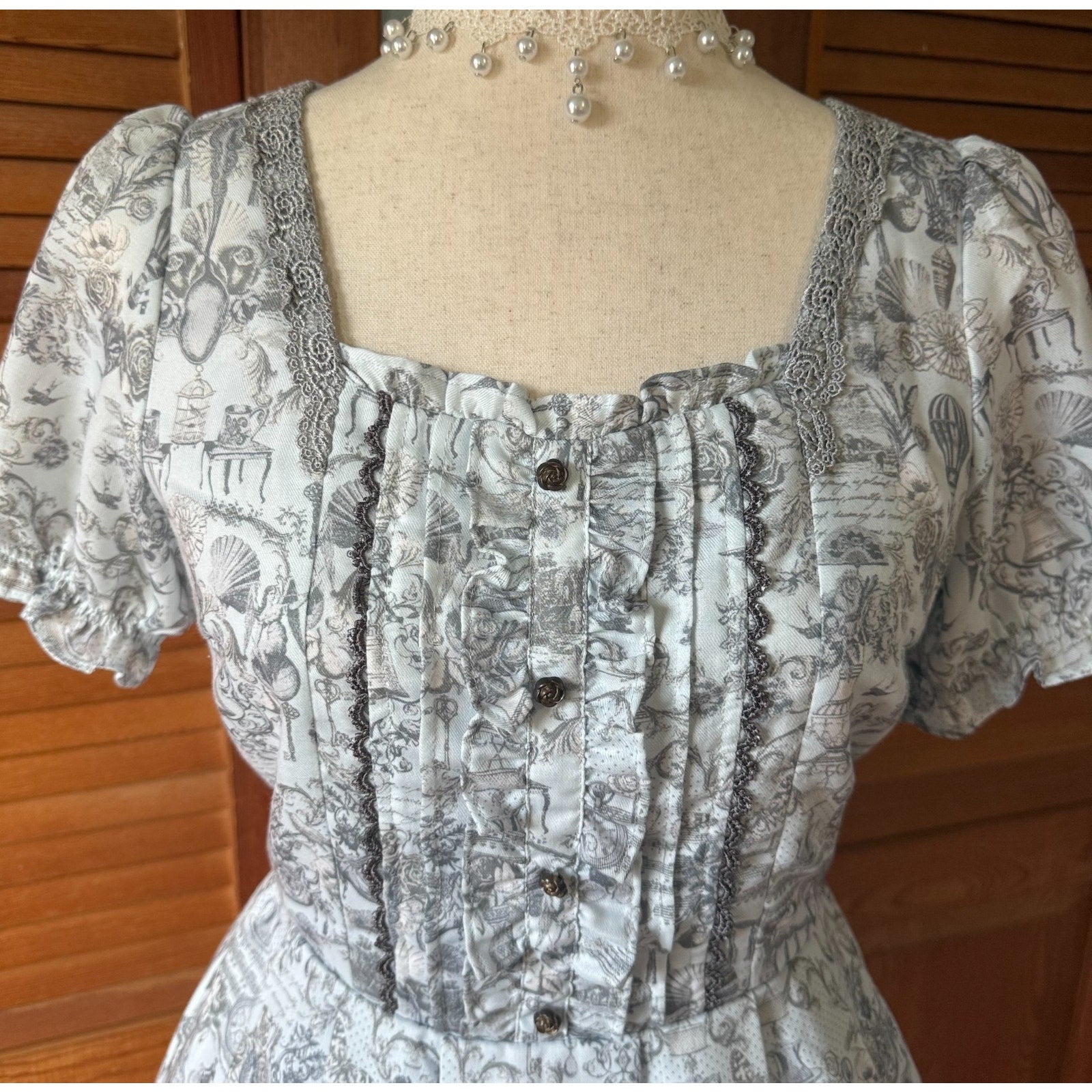 Axes Femme EGL J-fashion Kawaii Gyaru Victorian Print Steampunk Gray Dress M