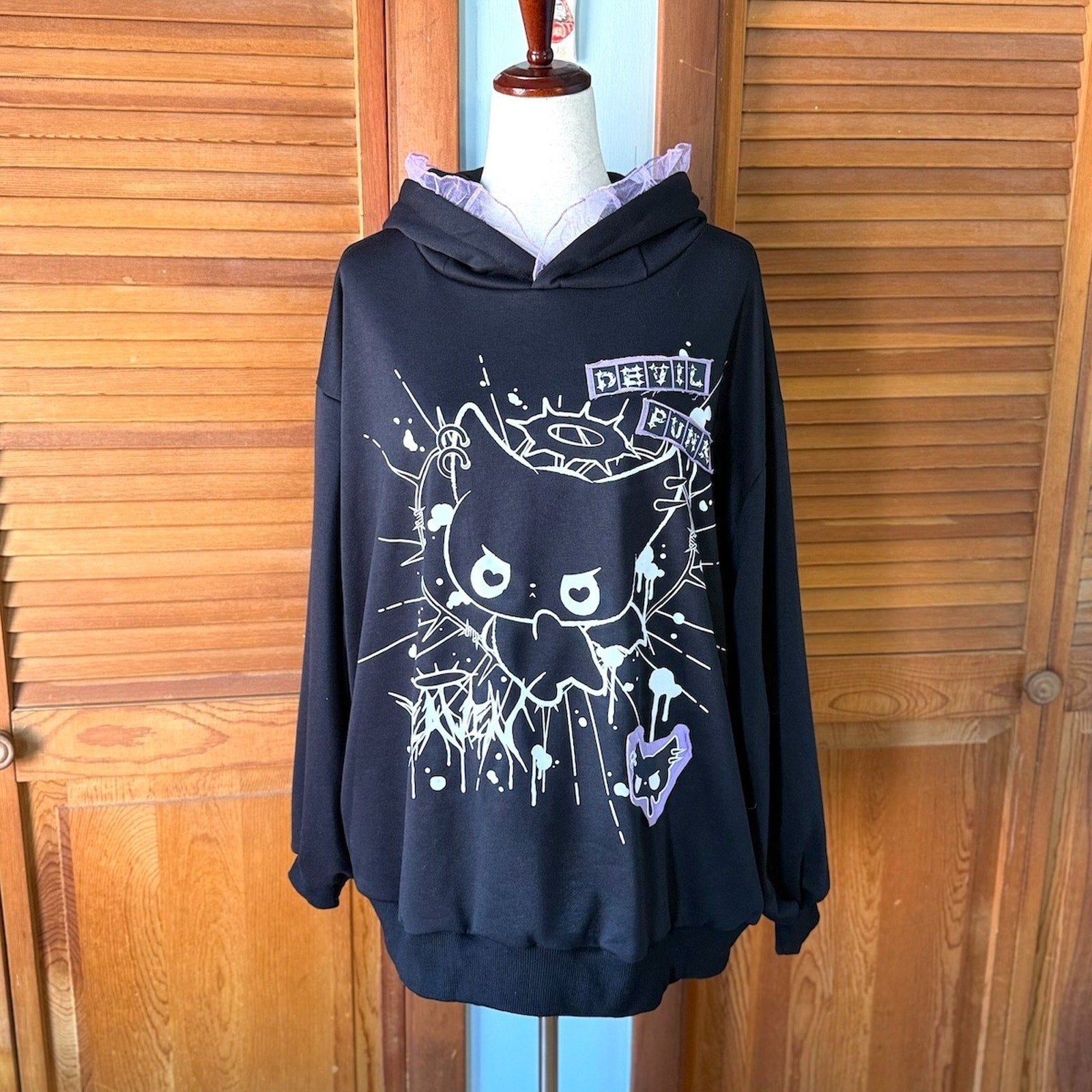 ACDC Rag Lolita EGL Yami Kawaii Devil Punk Kitty Cat Ears Black Hoodie Top