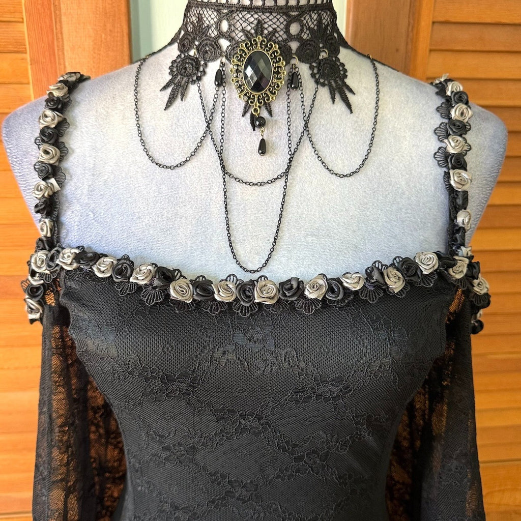 Dolls Kill Black & Gray Rose Trim Dark Fairycore Black Lace Mini Dress