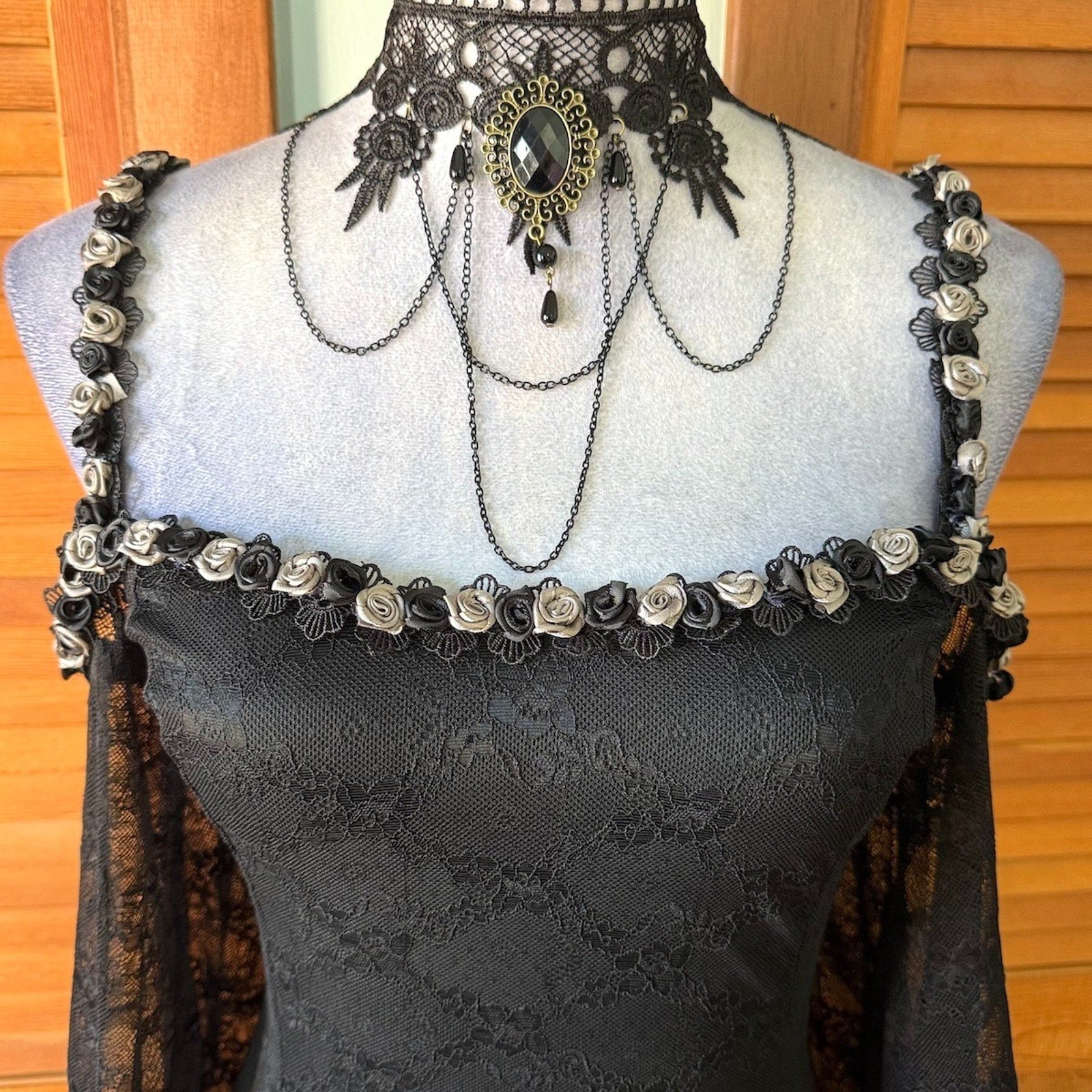 Dolls Kill Black & Gray Rose Trim Dark Fairycore Black Lace Mini Dress