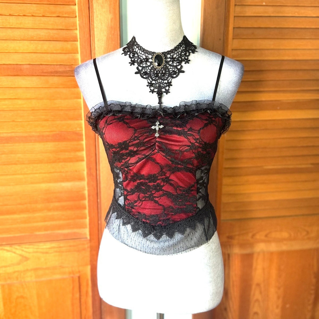 Gothic Victorian Vampire Vkei Blood Red Roses Black Lace Tank Cami Top
