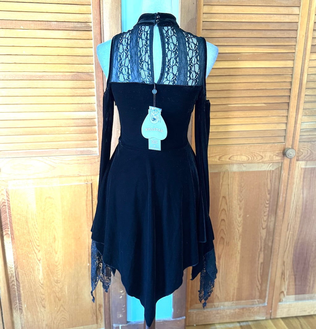 Killstar Goth Black Velvet & Lace Moonstera Pixie Hem Dress S