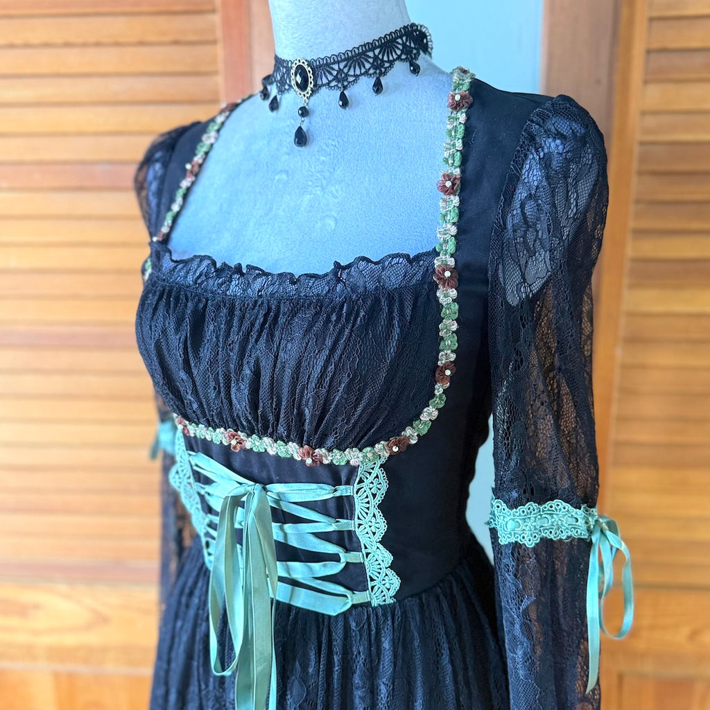 Gothic Fairy Dolls Kill Black Lace Green Lace Up Panel Dress