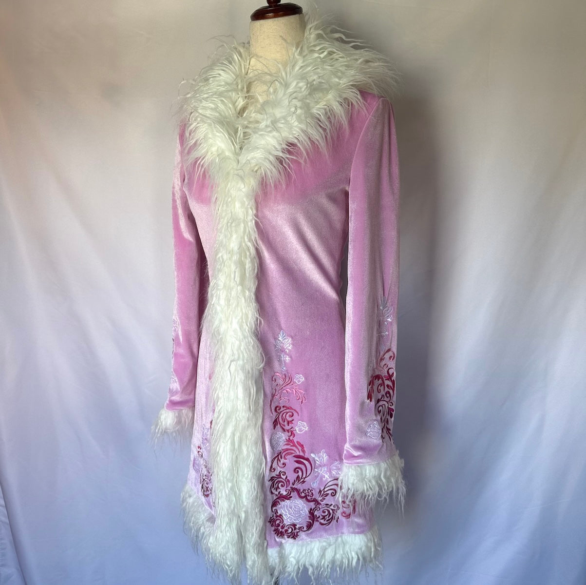 Dolls Kill Whimsigoth Victorian Dollcore Embroidered Pink Faux Fur Trim Jacket