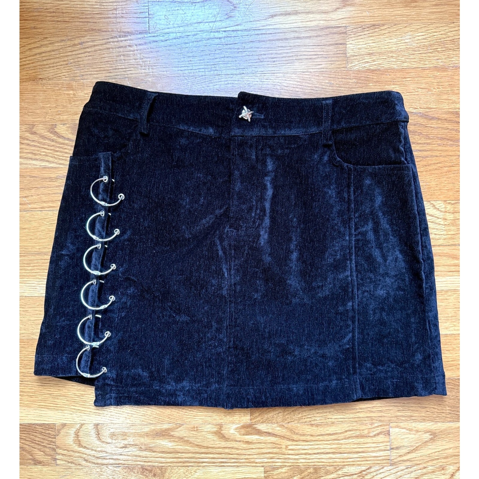 Punk Rave Goth Vkei Y2K Velveteen Metal O-rings Mini Skirt L