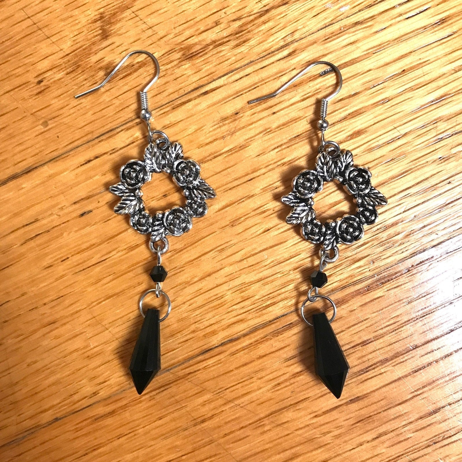 Gothic Victorian Vampire Witchcore EGL Black & Silver Large Rose Circle Earrings