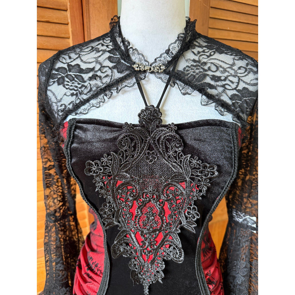 Gothic Victorian Vampire Bloody Garden of Delight Black & Red Lace Velvet Gown L