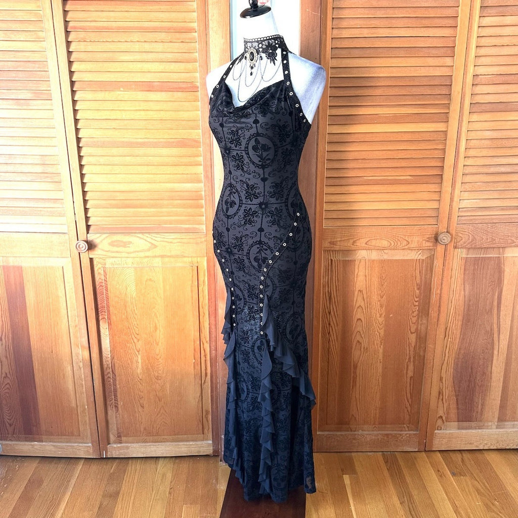 Gothic Victorian Vampire Dark Fairy Torture Garden Black Ruffle & Strap Dress S