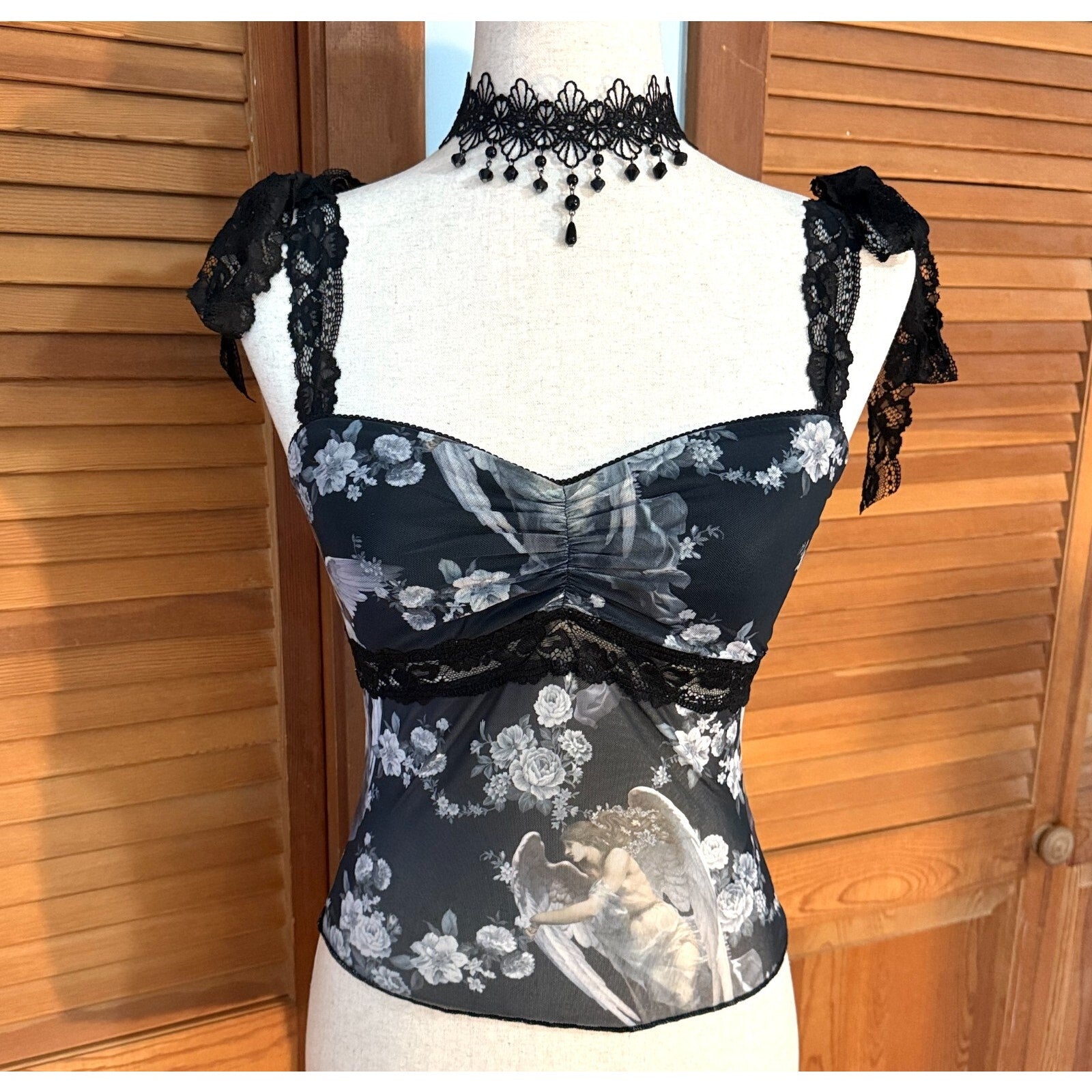 Dolls Kill Gothic Victorian Come My Sweet Angel Floral Lace Strap Cami Top