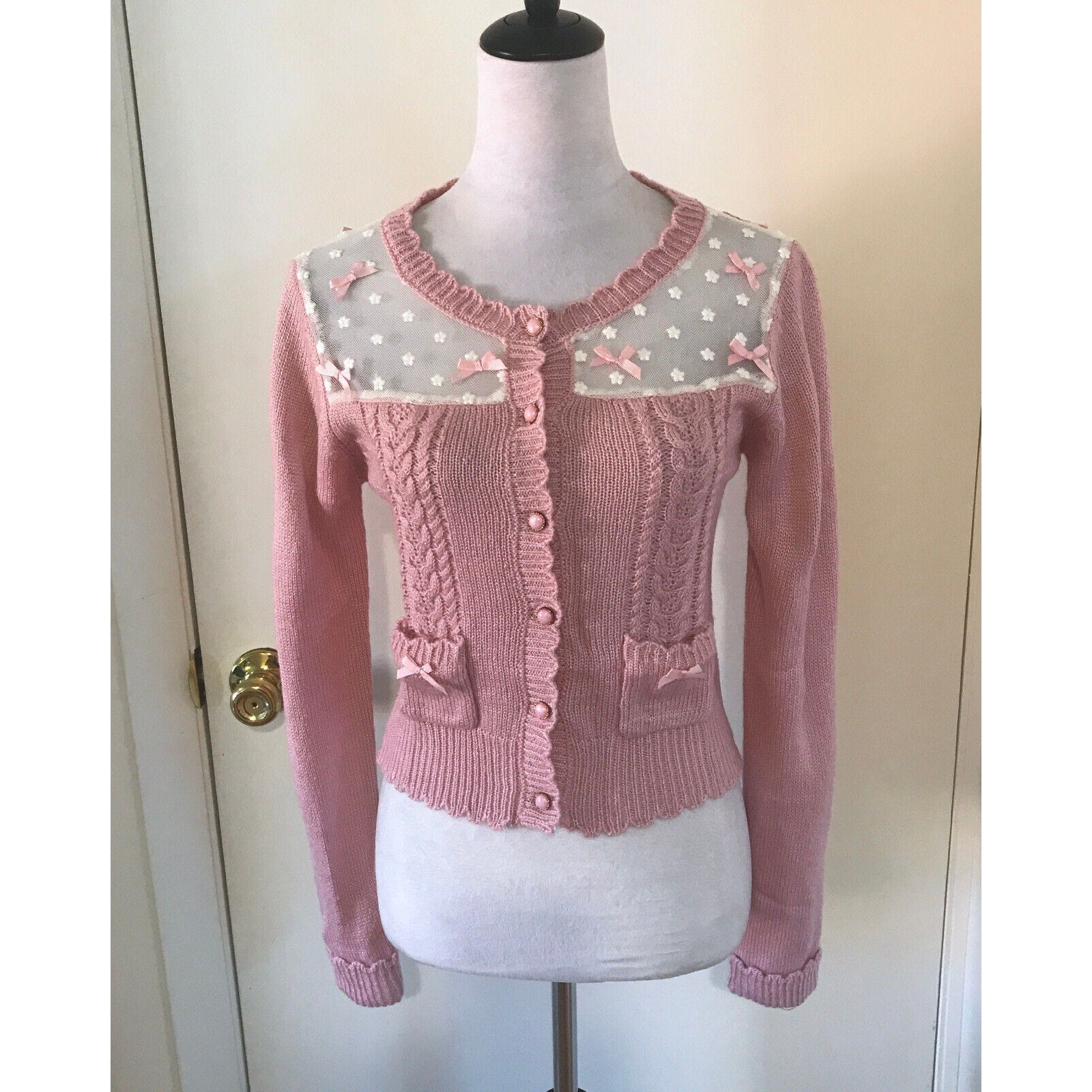 Lolita Victorian Kawaii J-fashion Pink & White Cardigan Sweater S