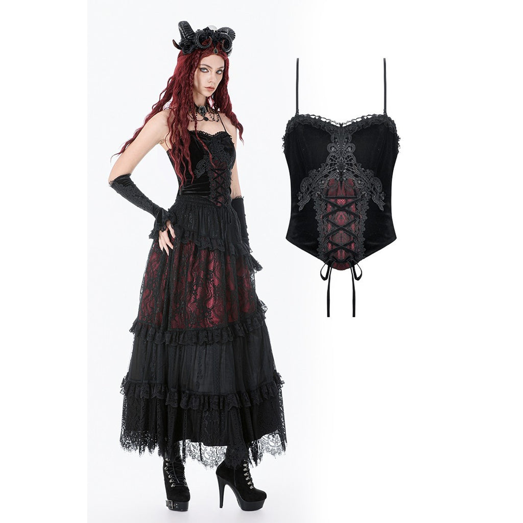 Dark in Love Gothic Victorian Blood Offering Black Red Velvet & Lace Cami Top