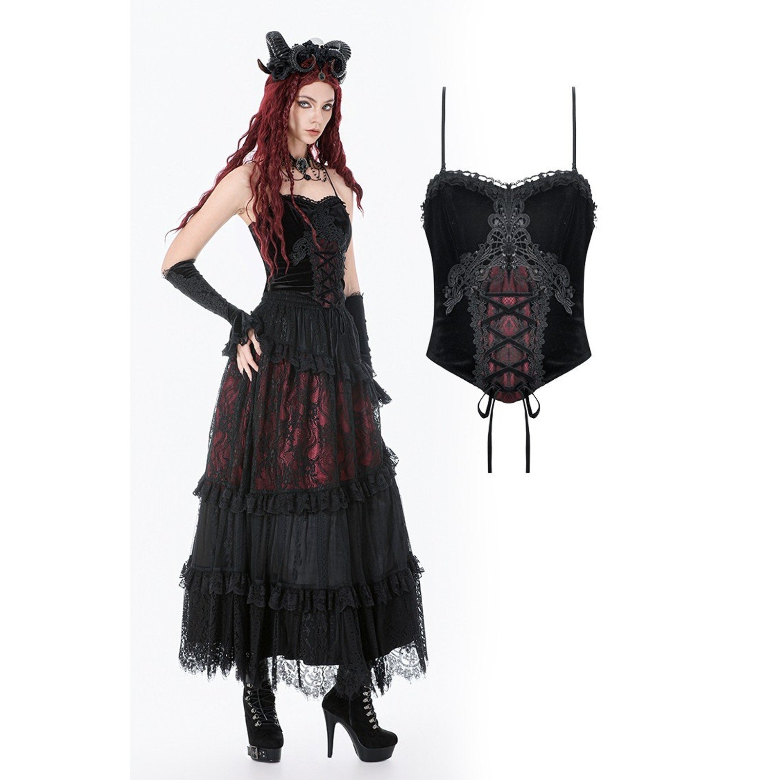 Dark in Love Gothic Victorian Blood Offering Black Red Velvet & Lace Cami Top