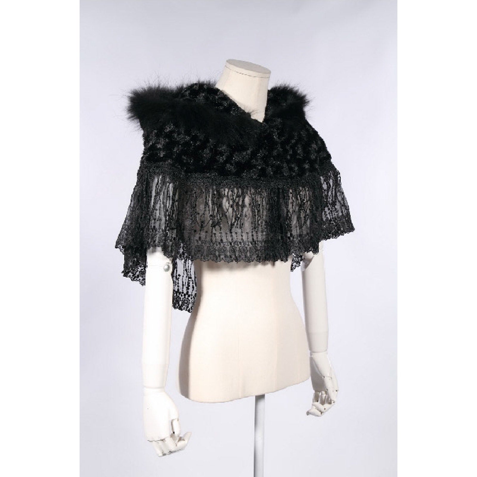 Gothic Lolita Steampunk Victorian Adorable Plush Fur & Lace Black Hooded Cape