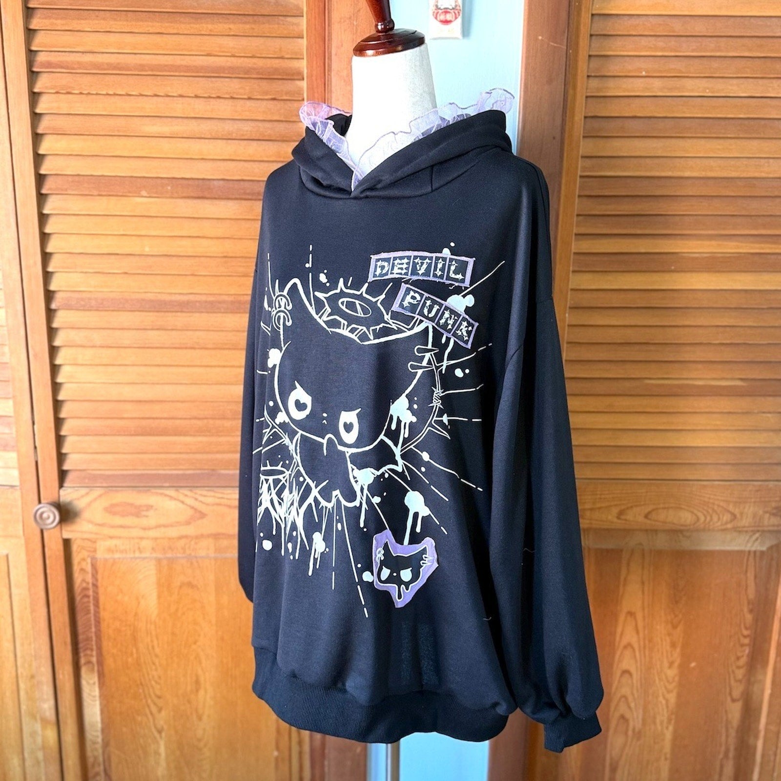 ACDC Rag Lolita EGL Yami Kawaii Devil Punk Kitty Cat Ears Black Hoodie Top