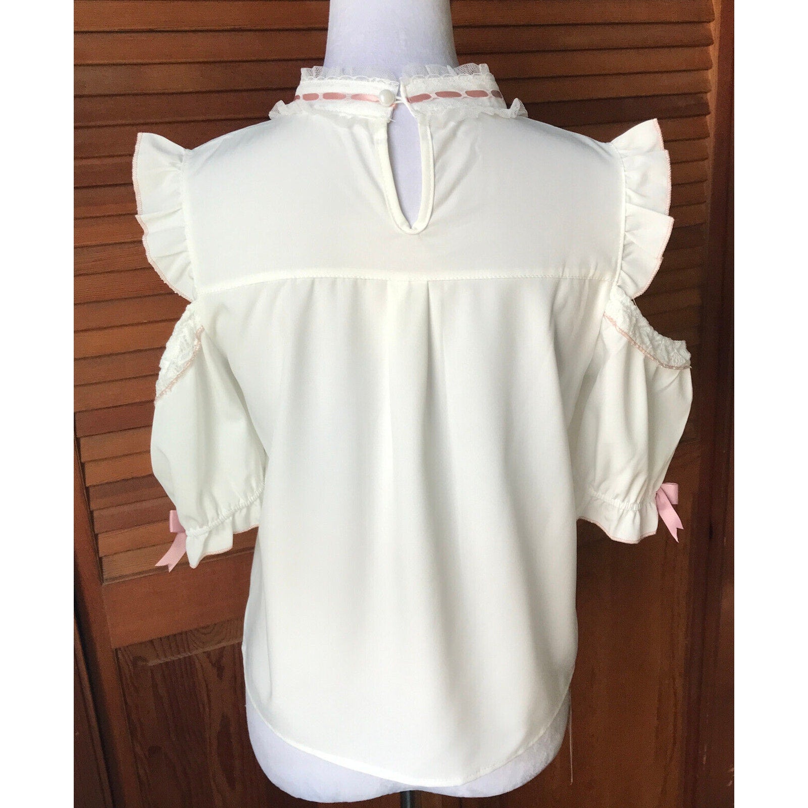 Lolita Kawaii J-fashion Jirai White Ivory Pink Bows Open Shoulder Blouse Top L