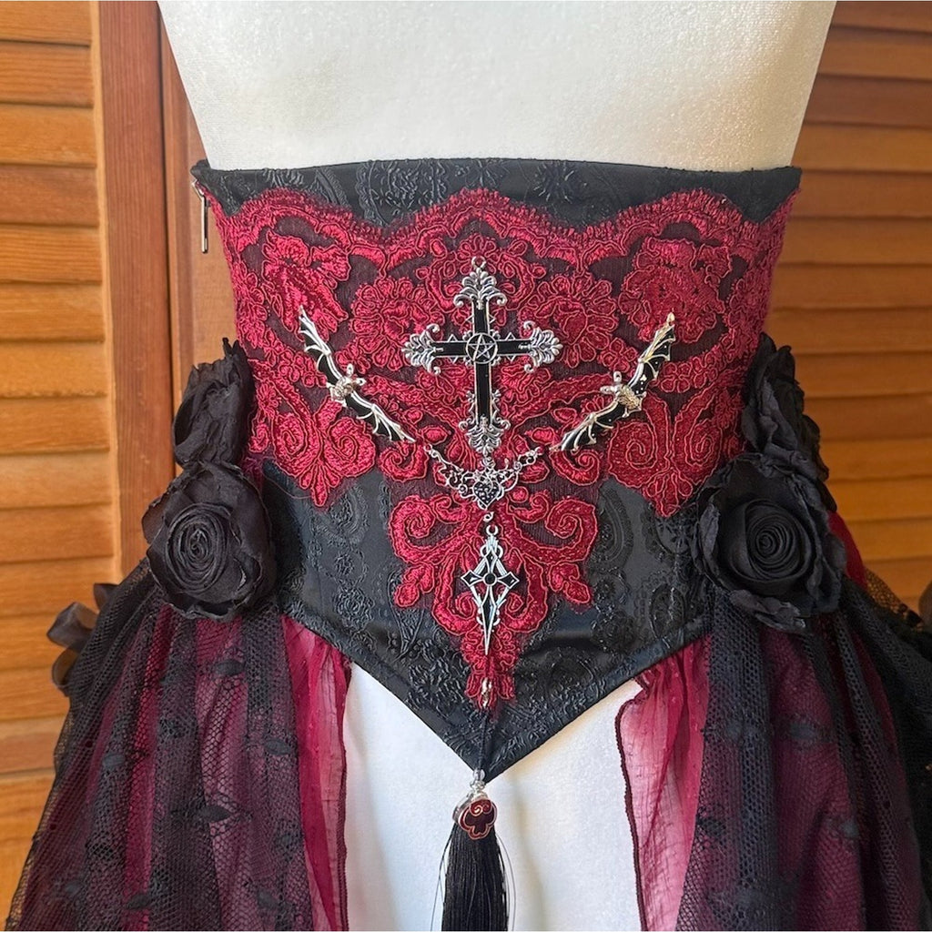 Devil Fashion Gothic Victorian Vampire Red Black Rose Cross Cincher Overskirt