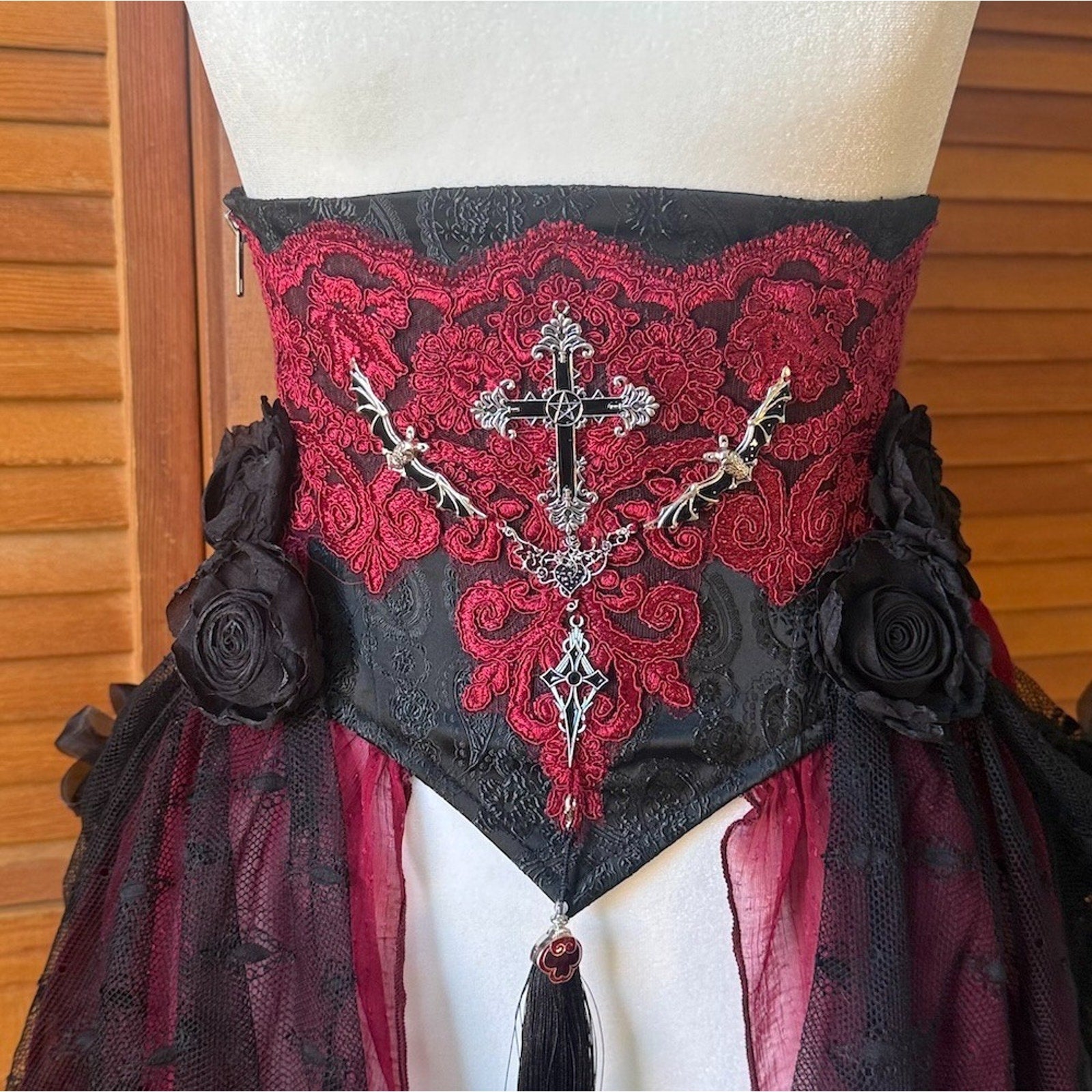 Devil Fashion Gothic Victorian Vampire Red Black Rose Cross Cincher Overskirt