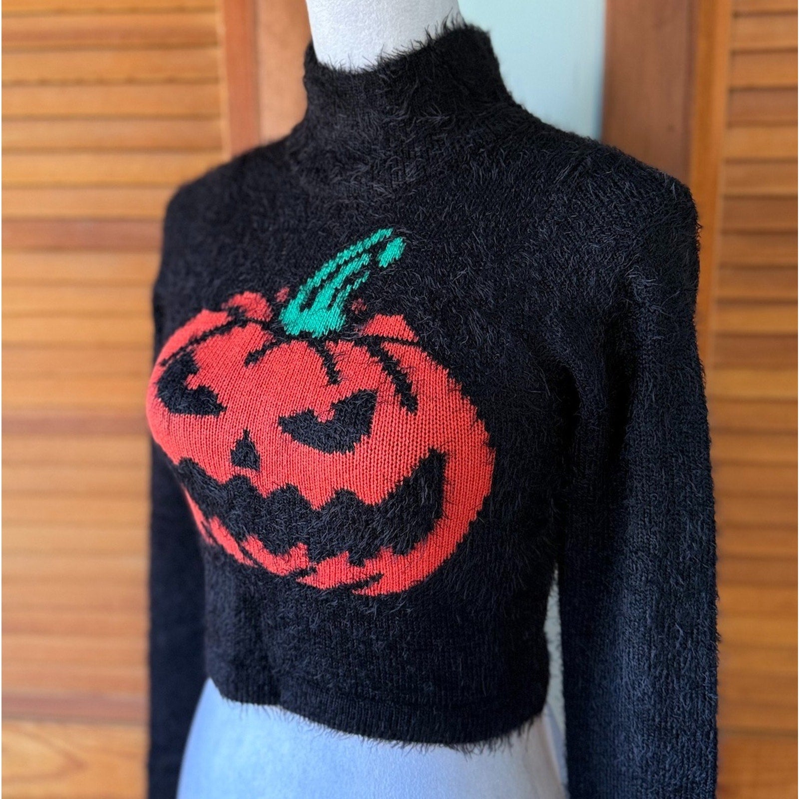 Dolls Kill Goth Punk Witch Halloween Black Orange Pumpkin Fuzzy Sweater