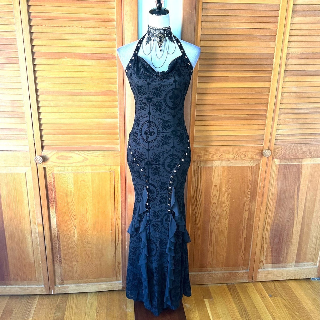 Gothic Victorian Vampire Dark Fairy Torture Garden Black Ruffle & Strap Dress S