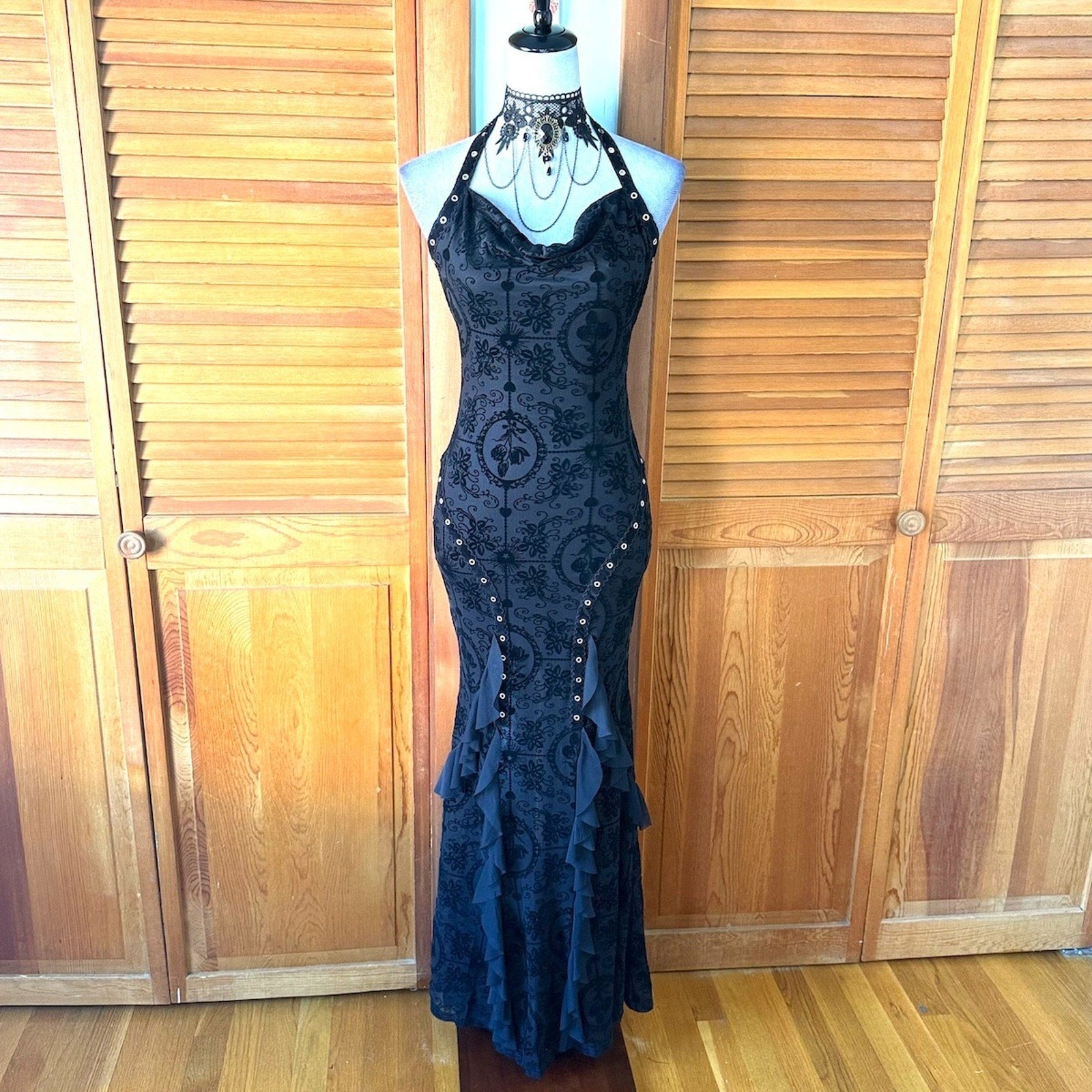 Gothic Victorian Vampire Dark Fairy Torture Garden Black Ruffle & Strap Dress S