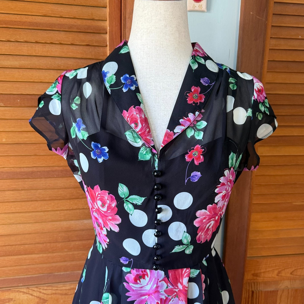 Hell Bunny Black Pink Rose Dark Cottage Retro Romantic Feminine Dress XS