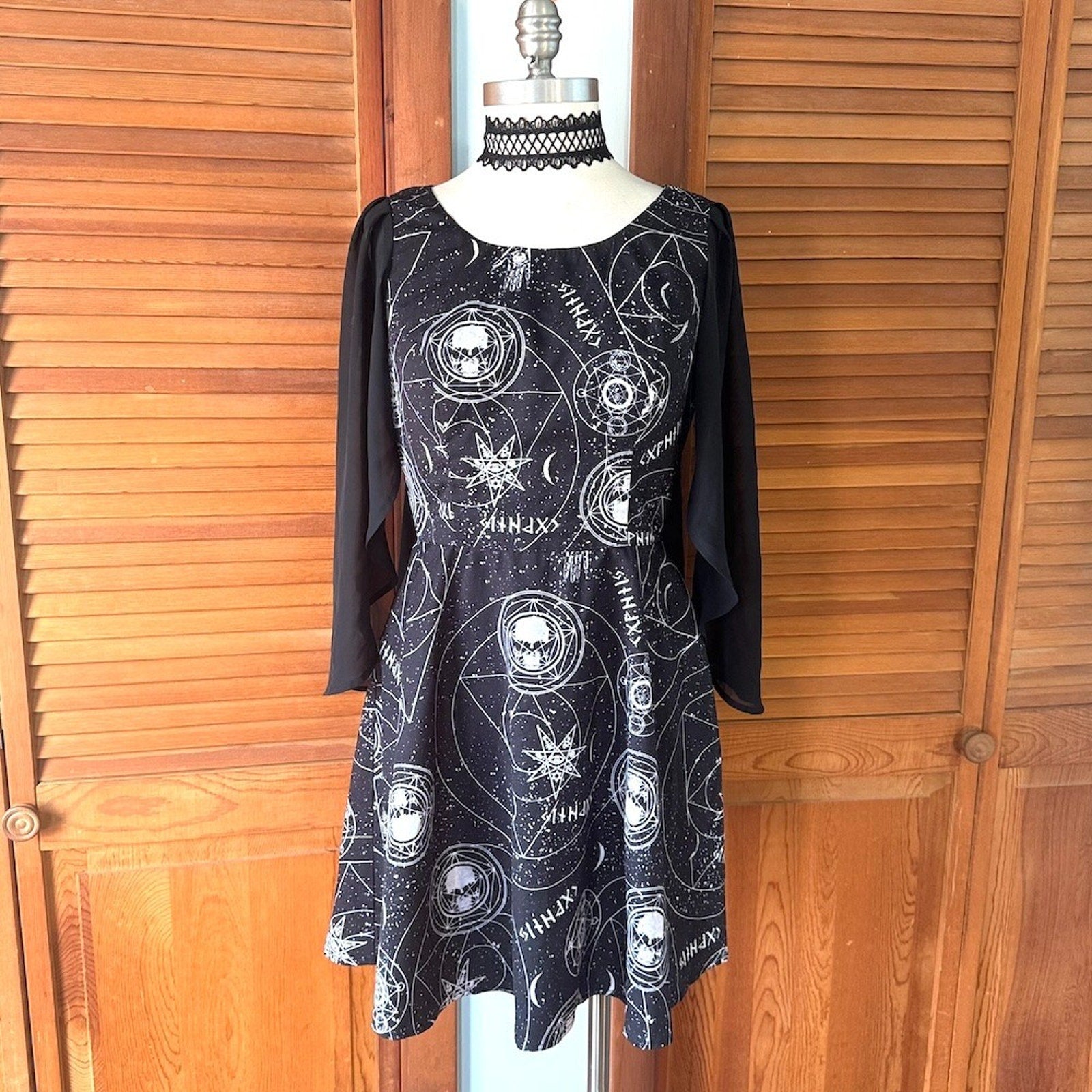 Goth Punk Witchcore Wiccan Skull Astrology Black Batwing Mini Dress M-L