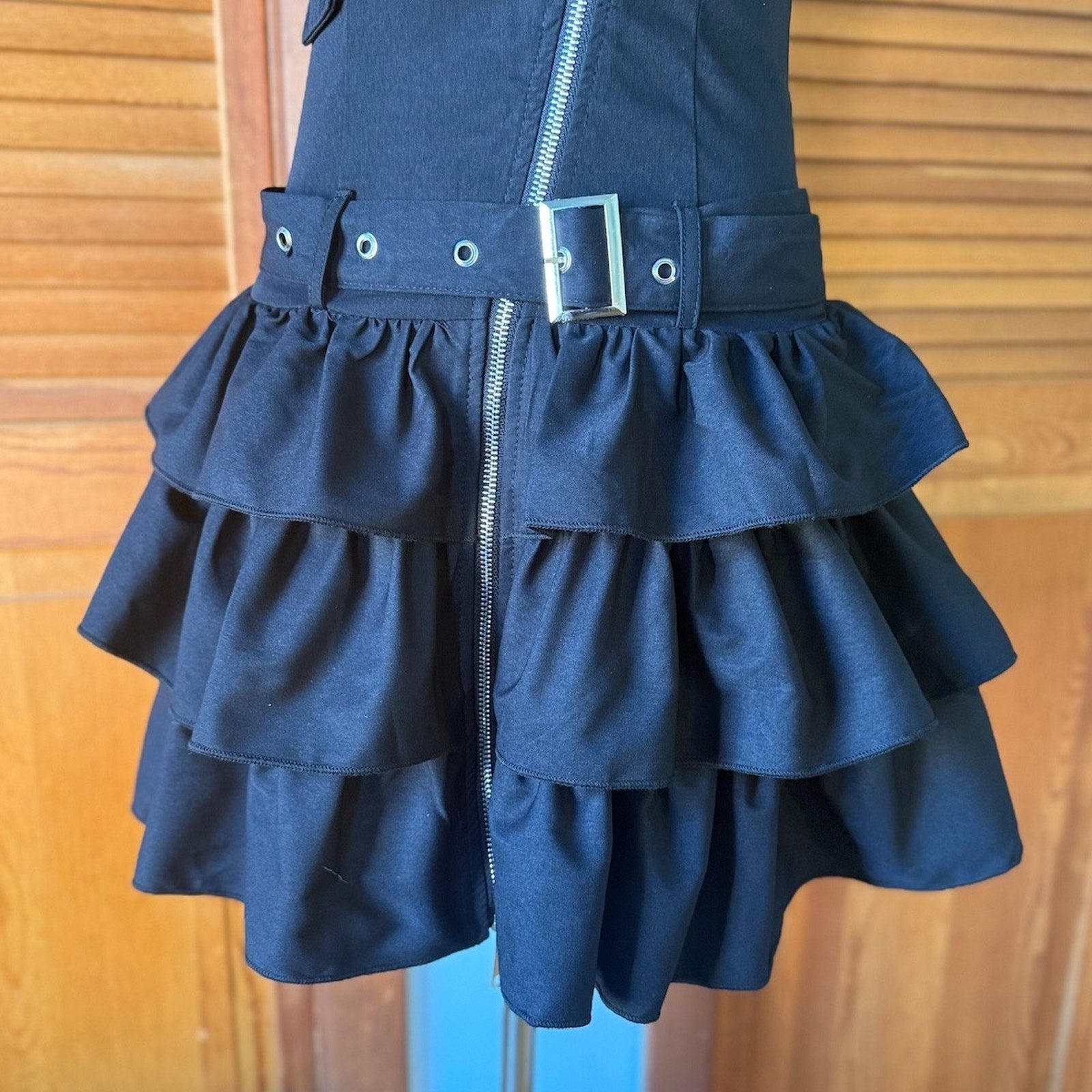 Punk Goth Lolita Cute x Military Black Zipper Halter Belted Mini Dress