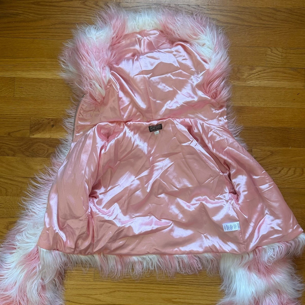 Vintage Lip Service 24 Hours Cyber Goth Punk Y2K Pink White Faux Fur Jacket XS