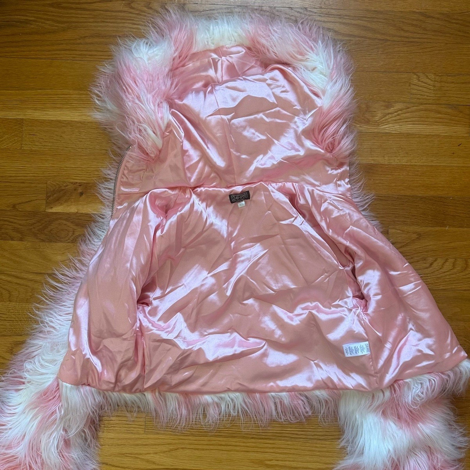 Vintage Lip Service 24 Hours Cyber Goth Punk Y2K Pink White Faux Fur Jacket XS