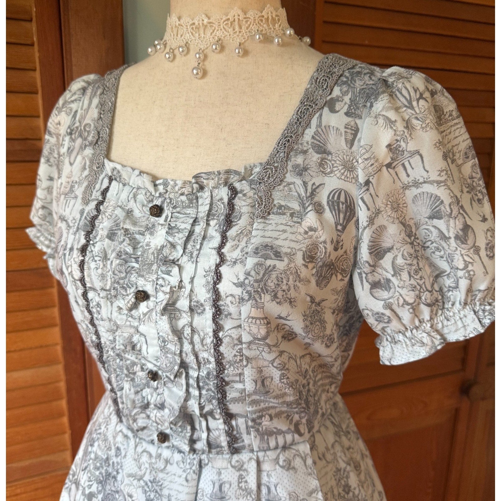 Axes Femme EGL J-fashion Kawaii Gyaru Victorian Print Steampunk Gray Dress M