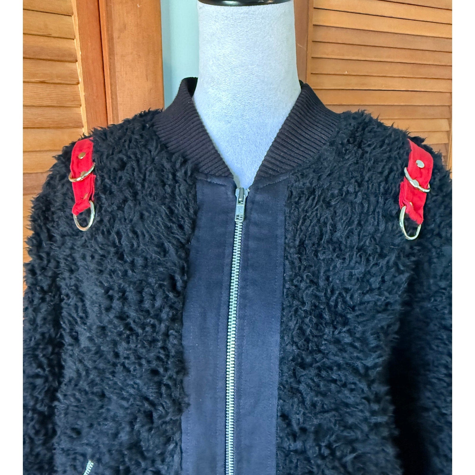 Vintage Lip Service Punk Goth Y2K Black Faux Fur Bondage Bomber Jacket L
